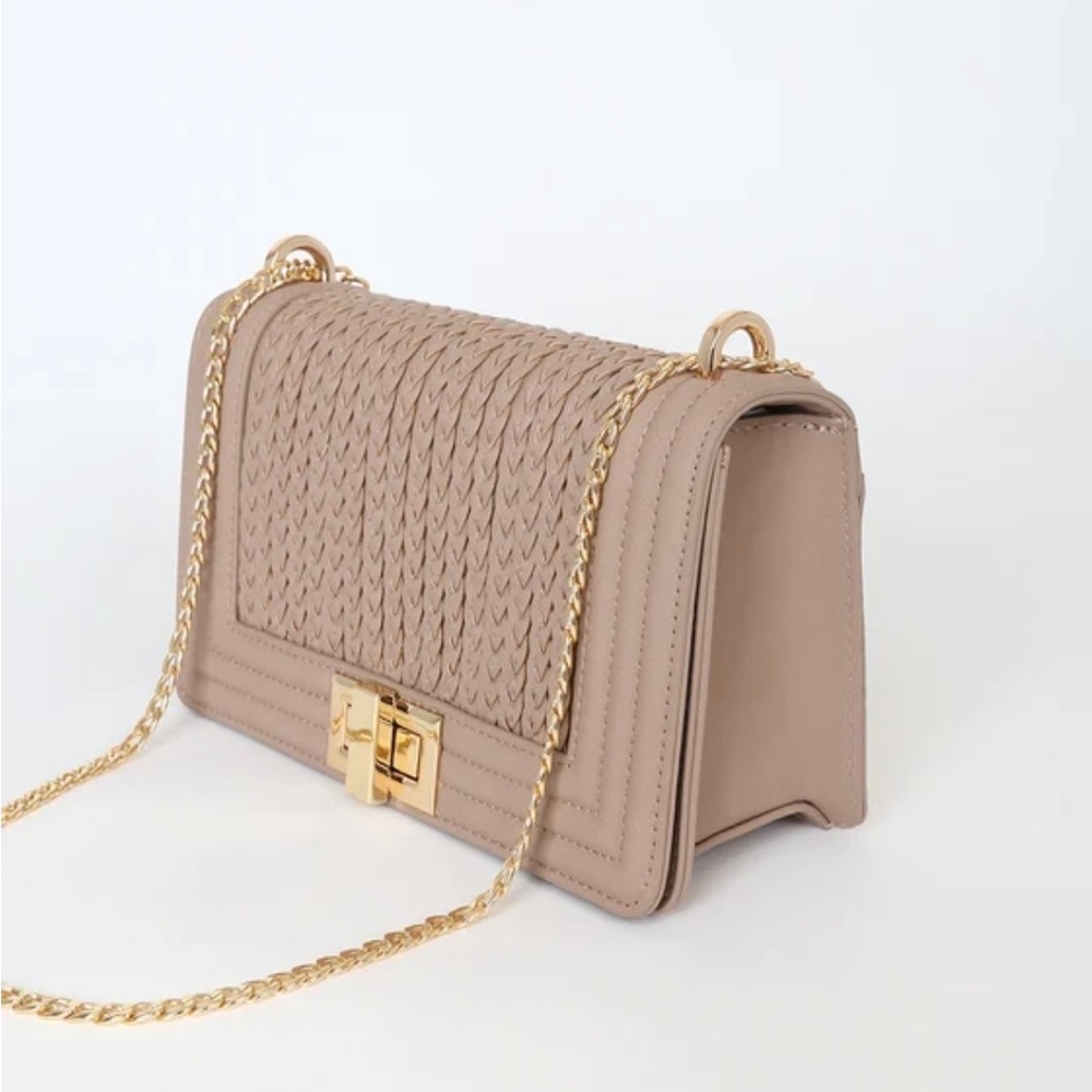Brand new with tags: Lulus “Let's Go Out Later Beige Braided Crossbody Bag”